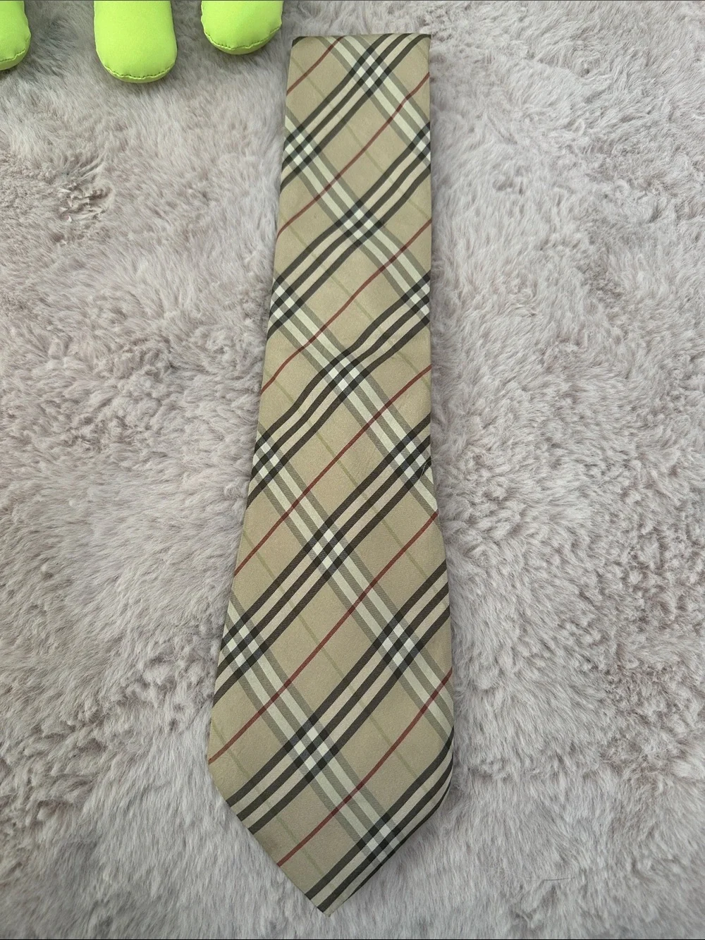 Burberry Beige Plaid Silk Tie with Black, White and Red Accents